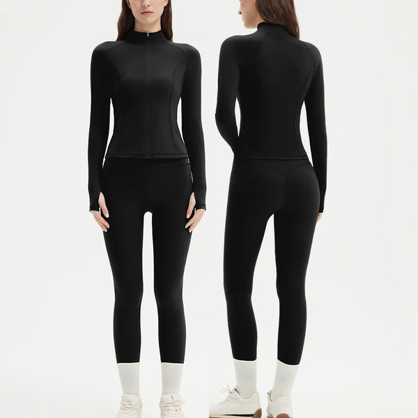 Two-piece Sports Set Women Solid Zipper Long Sleeve Sports Jacket & HighWaist Leggings.