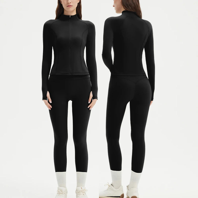 Two-piece Sports Set Women Solid Zipper Long Sleeve Sports Jacket & HighWaist Leggings.