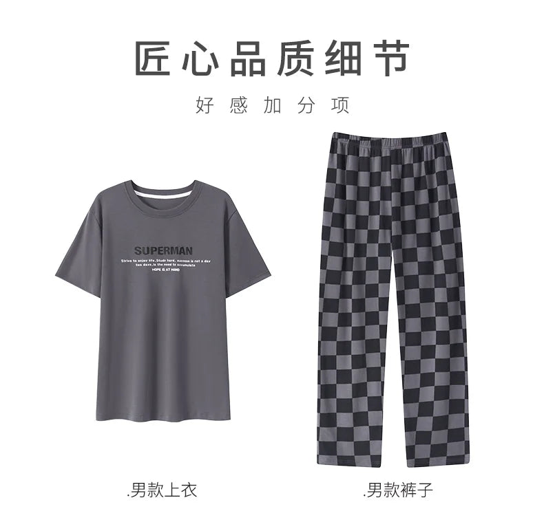 Summer Knitted Plaid Cool Mens Pyjamas Pajamas Casual Pjs Lounge Sets.