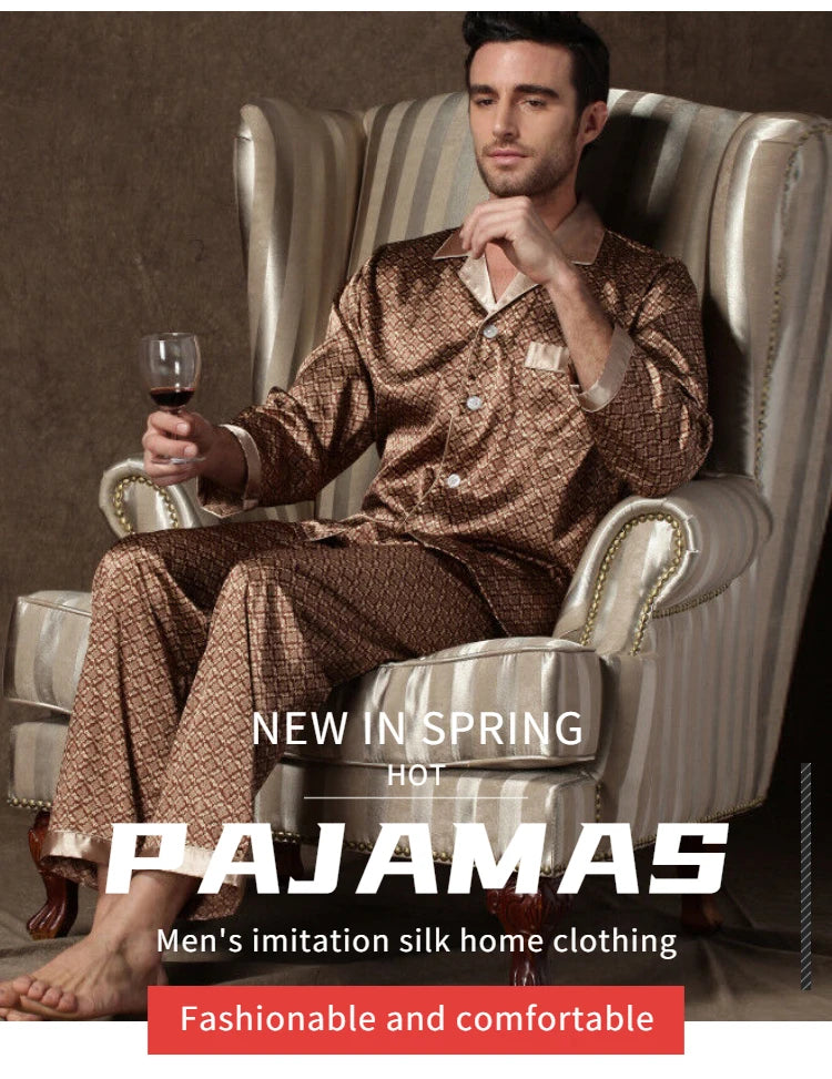High Quality Pajamas Set Men Spring Autumn Thin Polyester Ice Silk Long-sleeved Sleepwear.