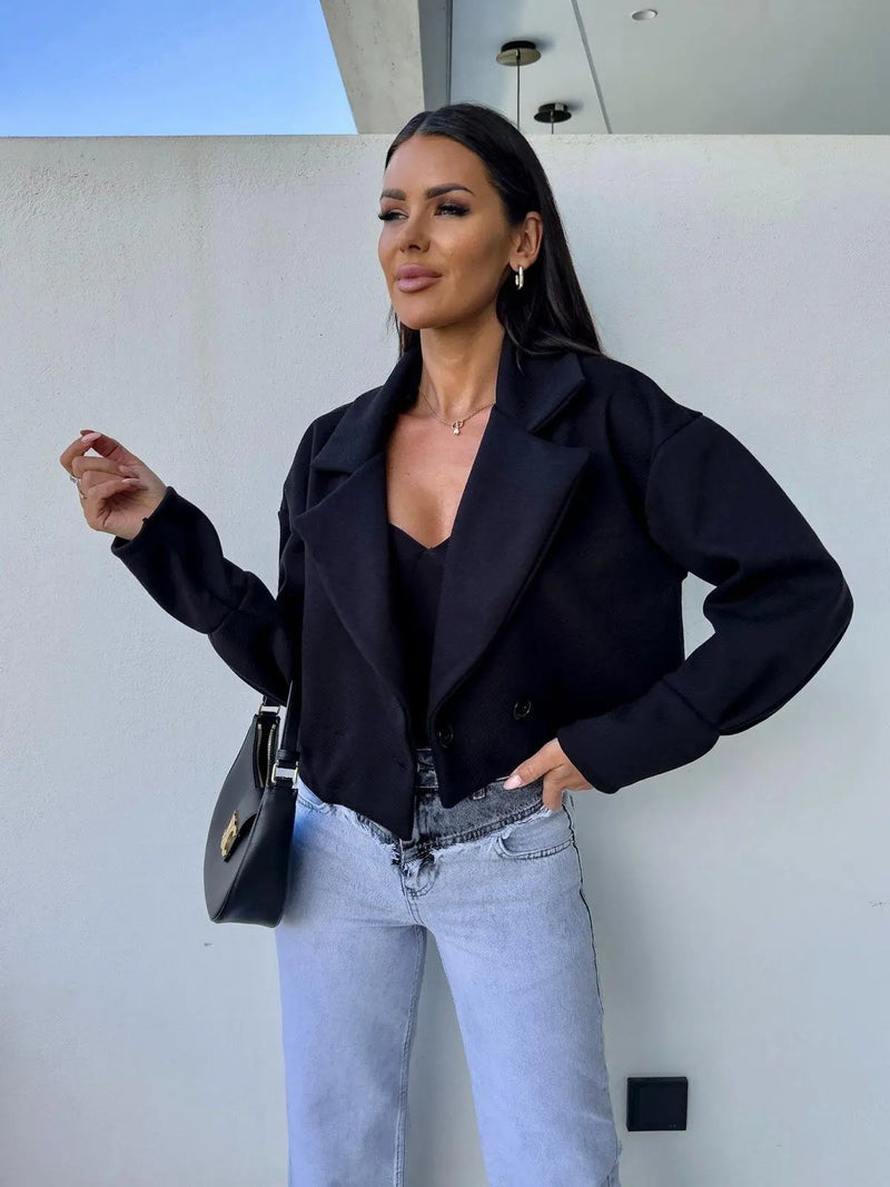 Women Casual Lapel Neck Long Sleeve Button Decor Loose Fit Short Blazer.
