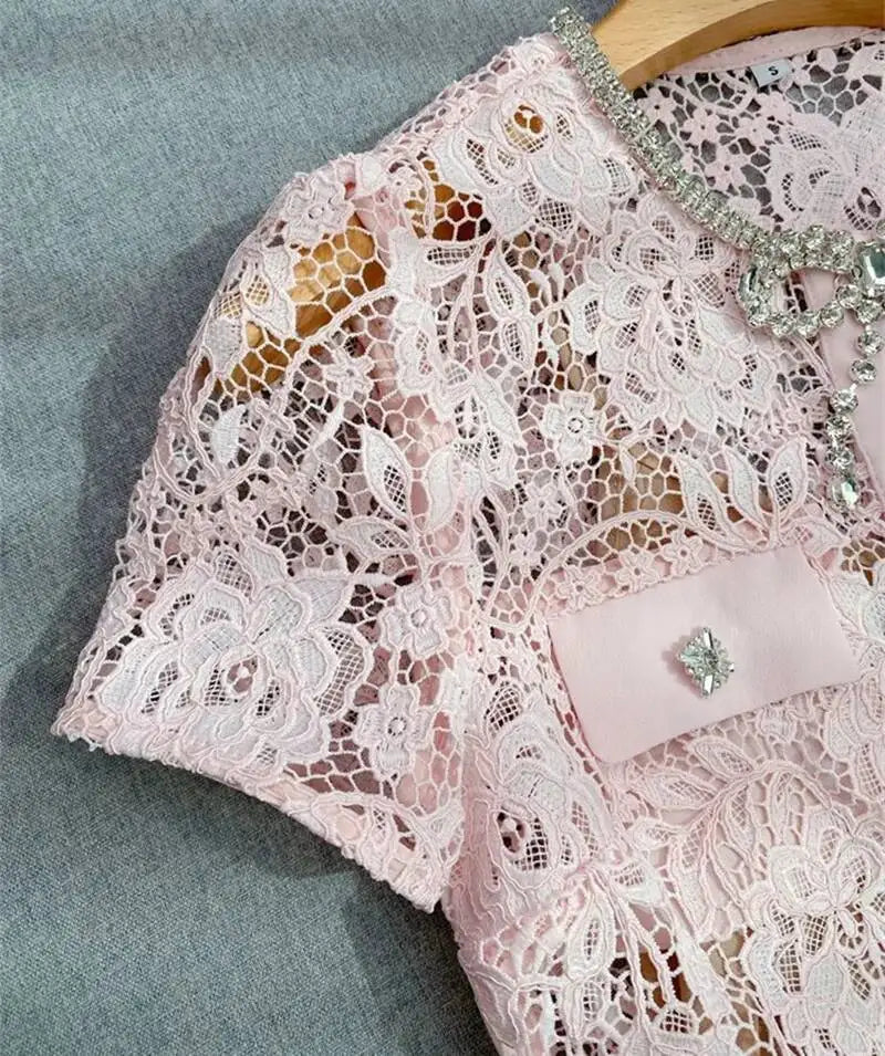 Women’s Lace Midi Dress Diamonds Bow Pink Floral Crystal Short Sleeve.