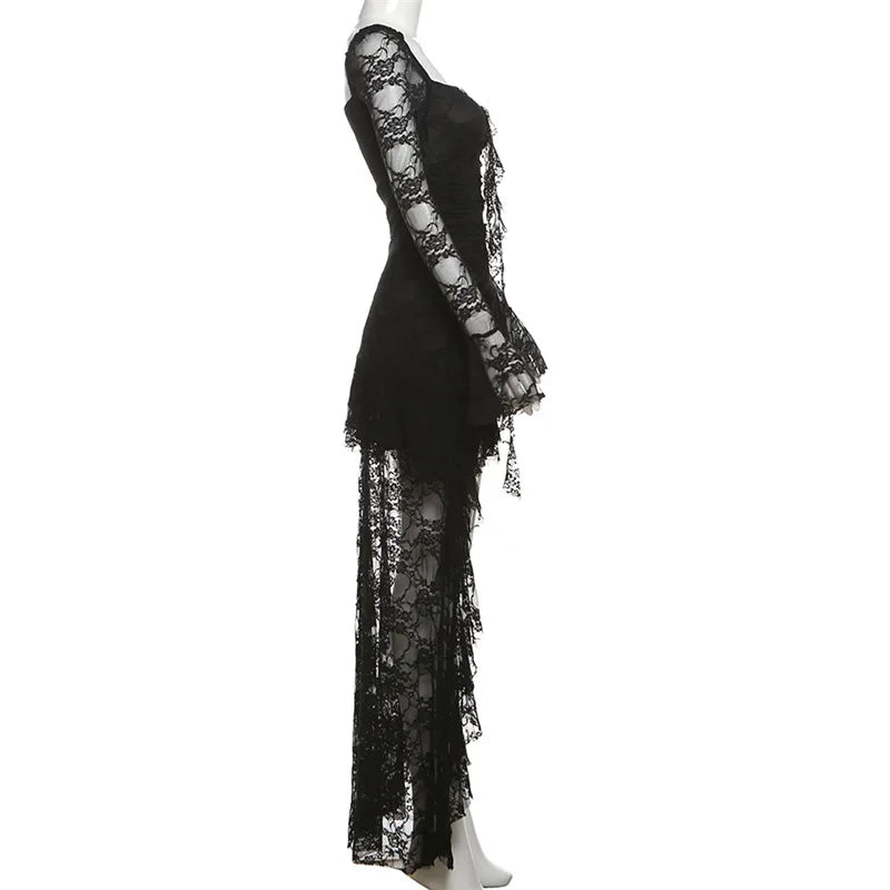 Women’s Goth Dark Fairycore Lace Flare Sleeve Square Neck A-line Dress.