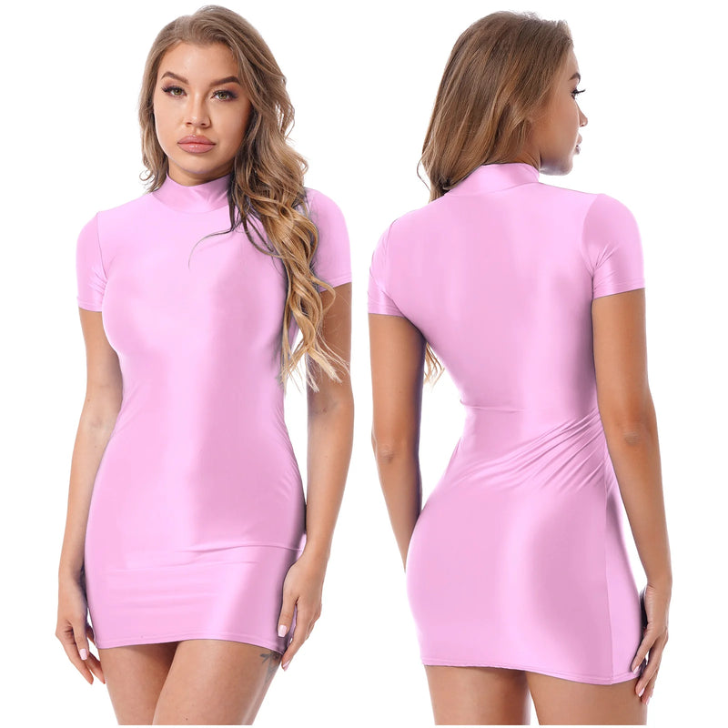 Women’s Oil Glossy Tights Mini Dress Sexy Party Clubwear.