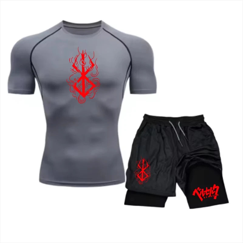Men's Summer Gym Training Athletic Set - Short-Sleeve Compression Undershirt.