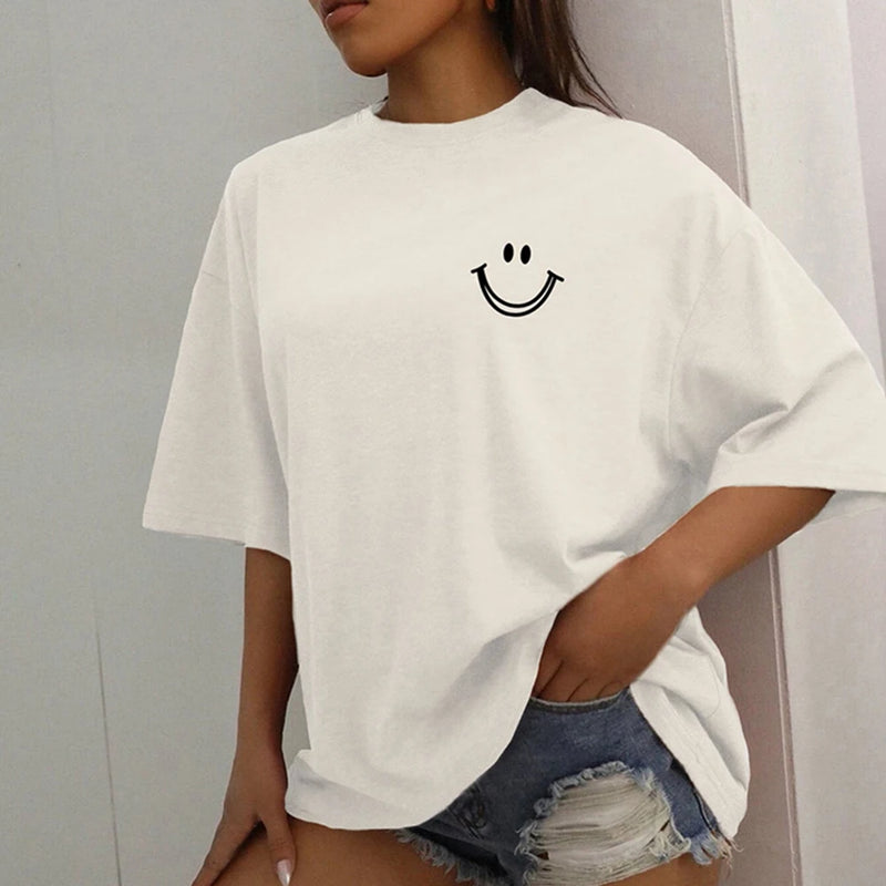 Happy Expression Printed Womens Cotton Short Sleeve Street Hip Hop Tee.