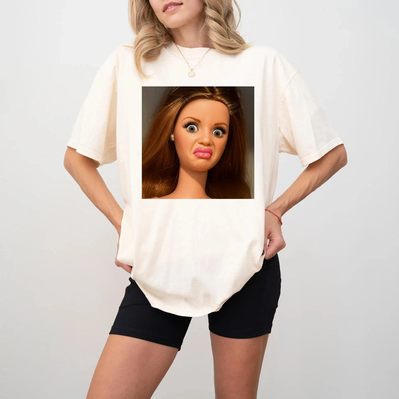 Women's Funny Doll Face Meme T-Shirt Unisex Cotton Streetwear.