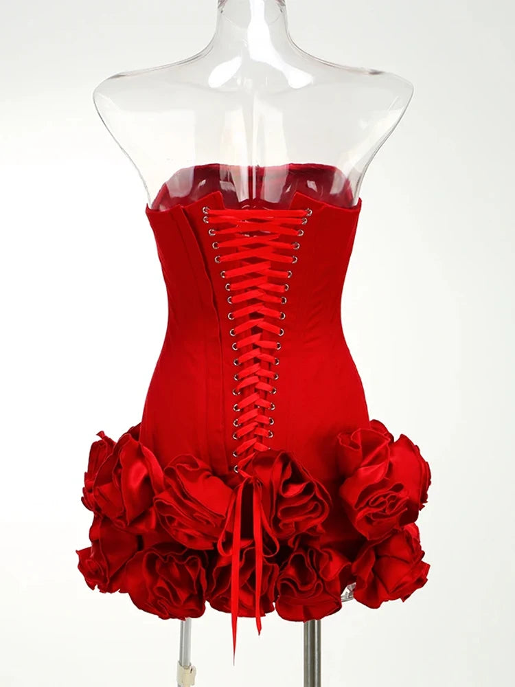 VC Christmas Dress Strapless Backless Red Structured Floral Embellished Mini Length.