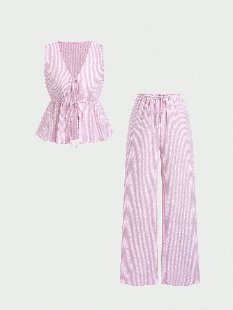 Summer Two Piece Set Women Striped V Neck Lace Up Sleeveless Blouse High Waist Wide Leg Pants.