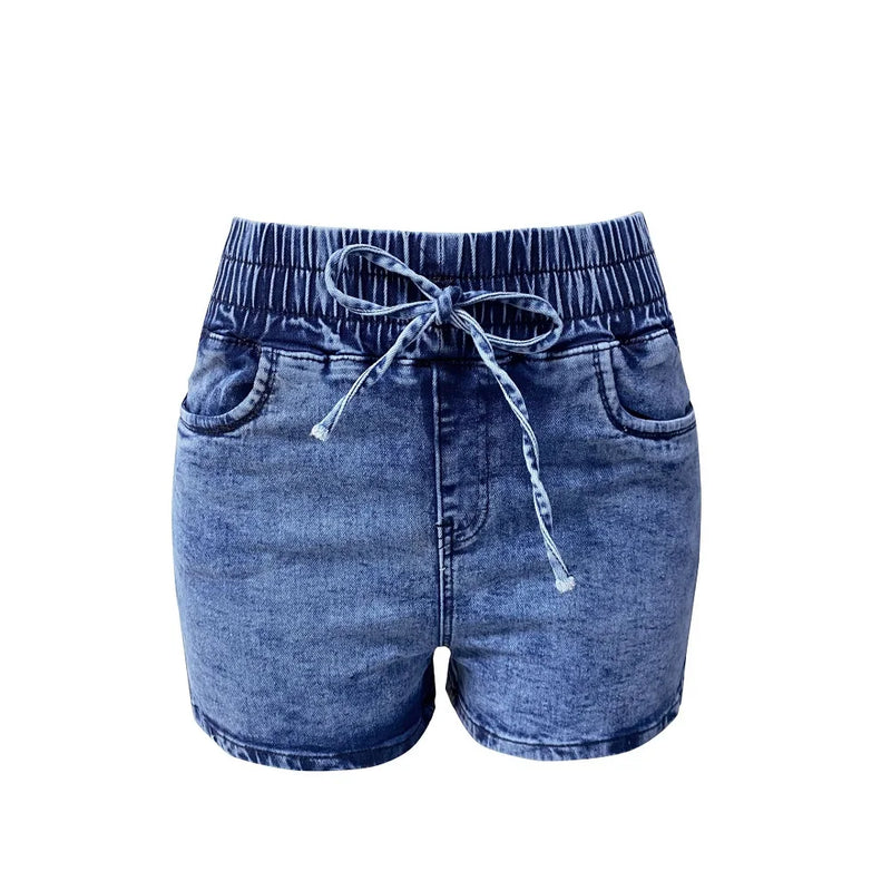 Women Summer Denim Shorts Ladies Elastic Waist Bandage Jeans.