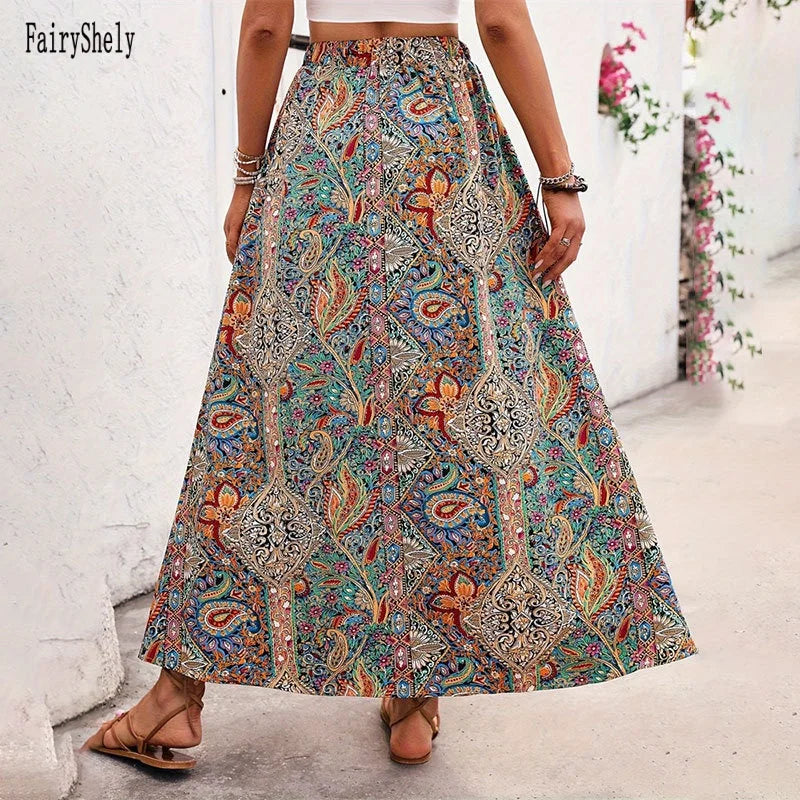 Vintage Bohemian Ethnic Print Long Skirt Women Summer Casual High Waist.