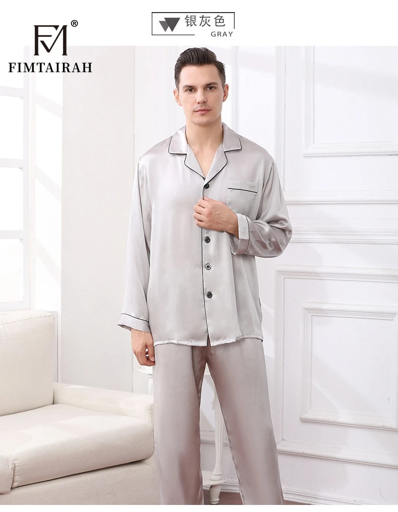 Men's Two Sets Sleepwear Summer Soft Long Sleeve  Home Wear  Mulberry Silk Pijimas.