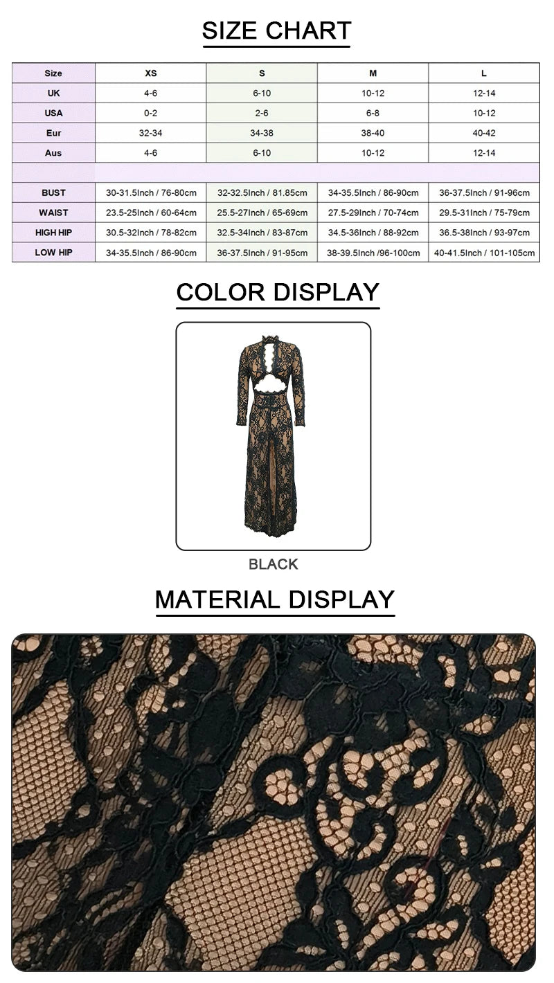 Women’s VC Black Lace Cut Out Long Dress Backless High Split.