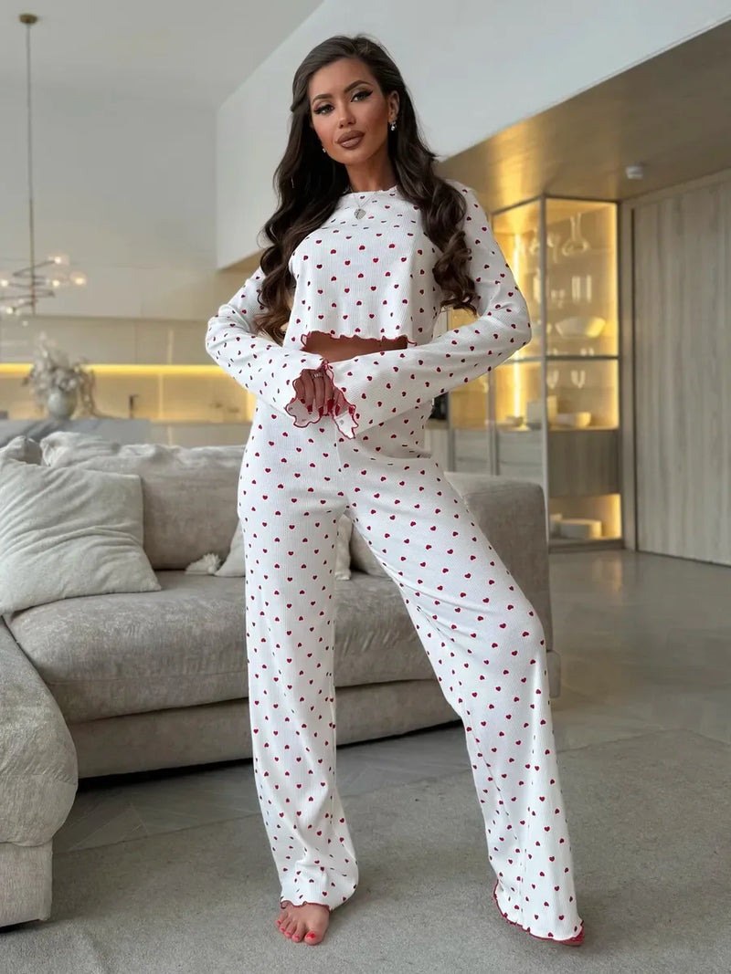 Lace Trim Women Pajama Set Short Sleeve Front Button Top & Full-Length.