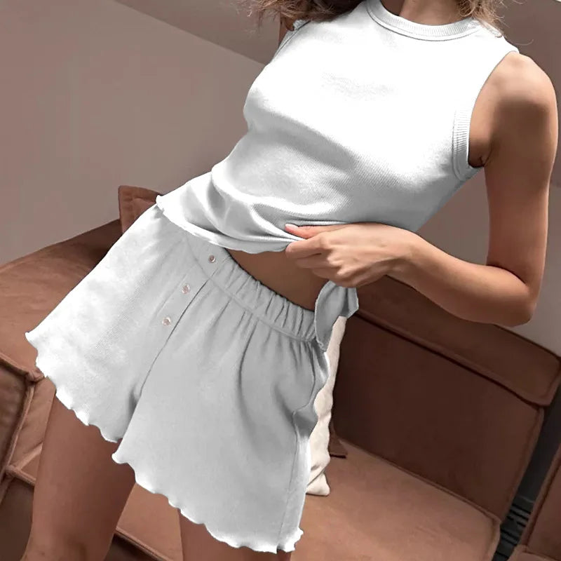 Spring And Summer Pajama Set Solid Color Comfortable Tank Top Shorts.