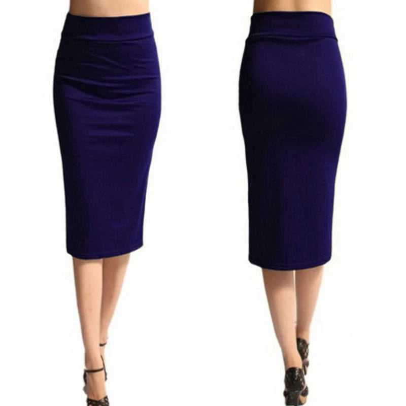Women Pencil Skirt High Waist Mid-Calf Female Jersey Skirts.