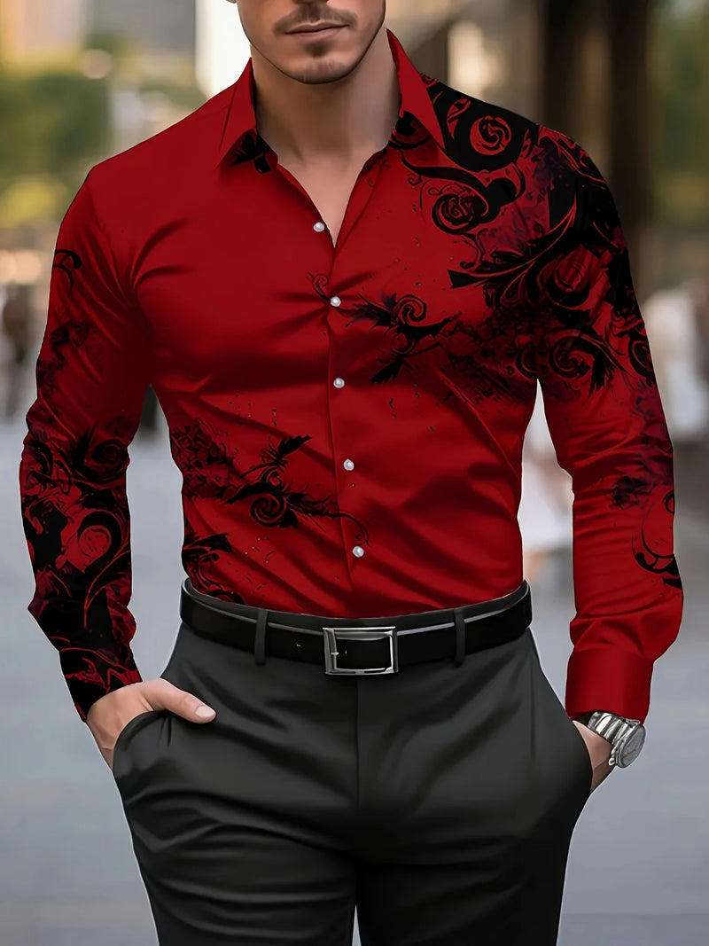 Men's Stylish Red Floral Print Dress Shirt - Casual Long Sleeve Button-Up.