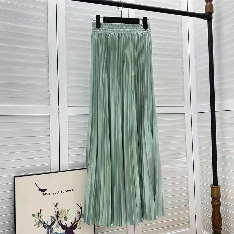Women's Long Satin Metal Luster Pleated Skirt Half-length Accordion Skirt.