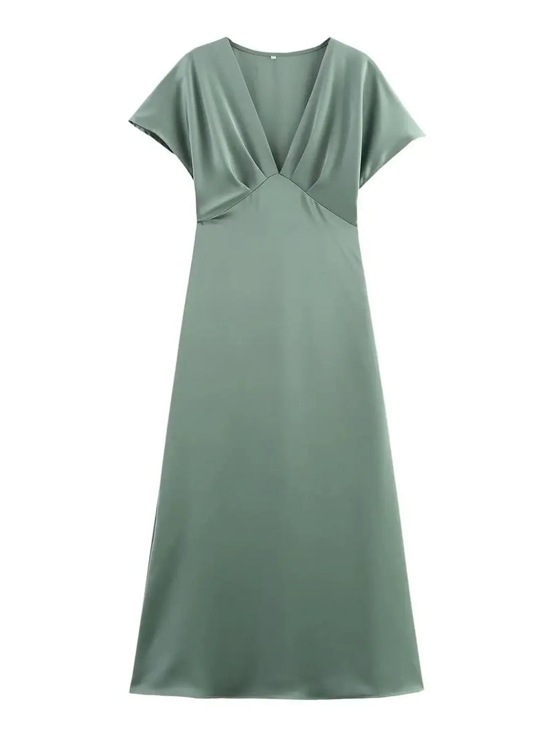 Women’s Sexy V Neck Satin Long Dress.