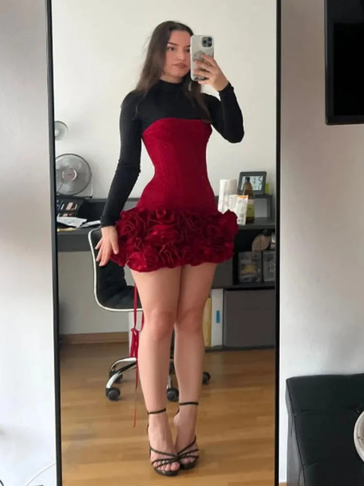 VC Christmas Dress Strapless Backless Red Structured Floral Embellished Mini Length.