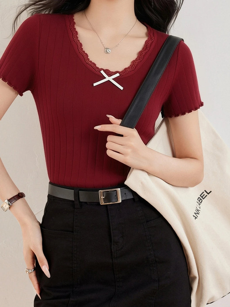 Korean Retro Front-Tie Bowknot Lace Jacquard Short Sleeve T-Shirt.