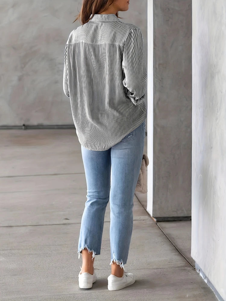 Women Long Sleeve Striped Loose Shirt Office Lady Elegant Turn Down.