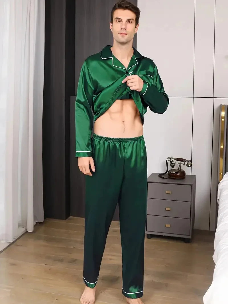 Men Pajamas Set Silk Satin Nightwear Shirt Long Sleeve.