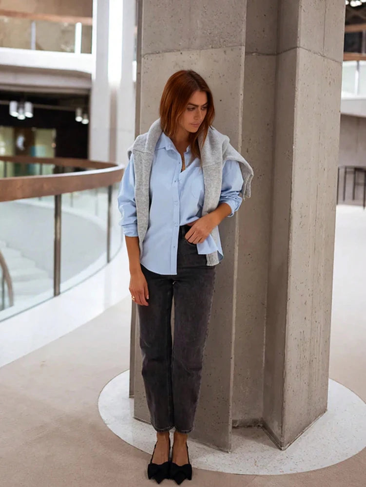 Spring/Summer Women's Casual Resort Solid-Colour Back-Button Shirt Fashion.
