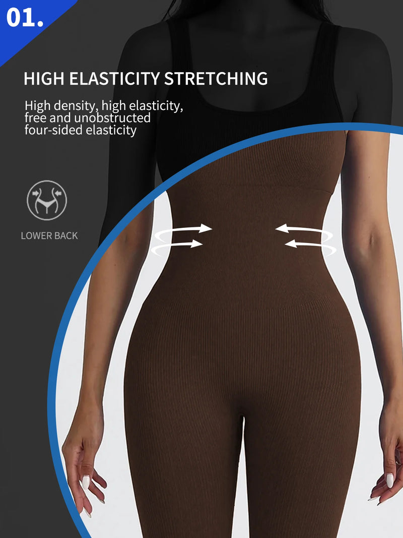 Women Workout Seamless Jumpsuit Yoga Ribbed Bodycon One Piece.