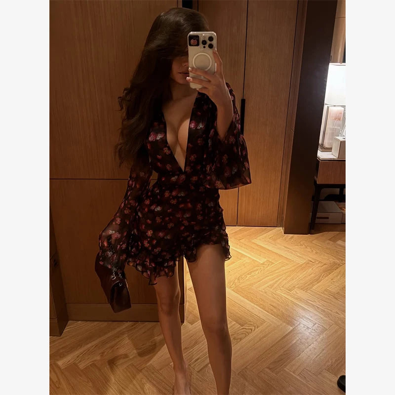 Lady Sexy Flora Painted Ruffle Slim Dress Women Chic.