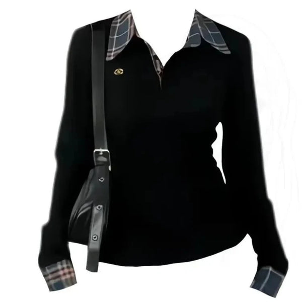 Polo Neck Plaid Patchwork Embroidery T Shirts Spring Autumn Fake Two-piece.