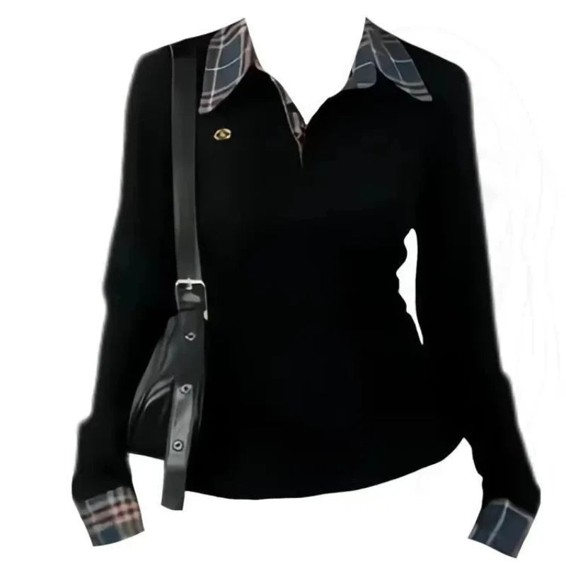 Polo Neck Plaid Patchwork Embroidery T Shirts Spring Autumn Fake Two-piece.