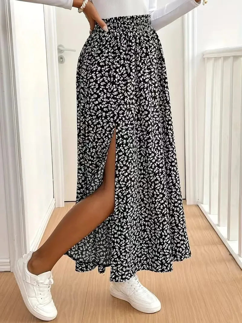 Autumn Floral Half length Skirt with Split A-line Hip Wrap and Middle Waist Skirt.