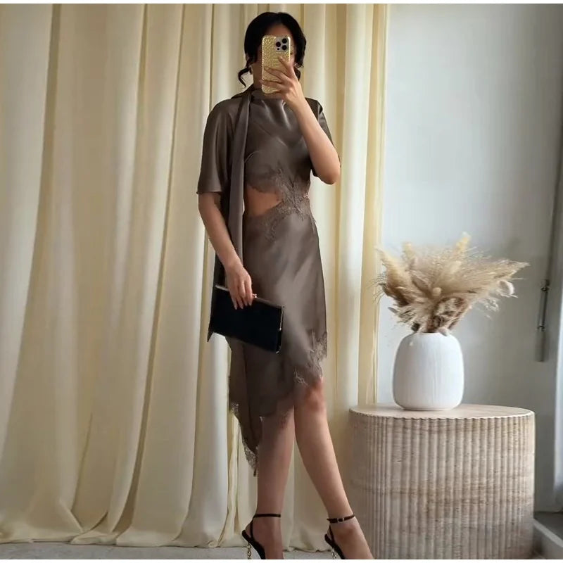 Lace Hollow Out Women Mini Dress Elegant Satin Scarf.