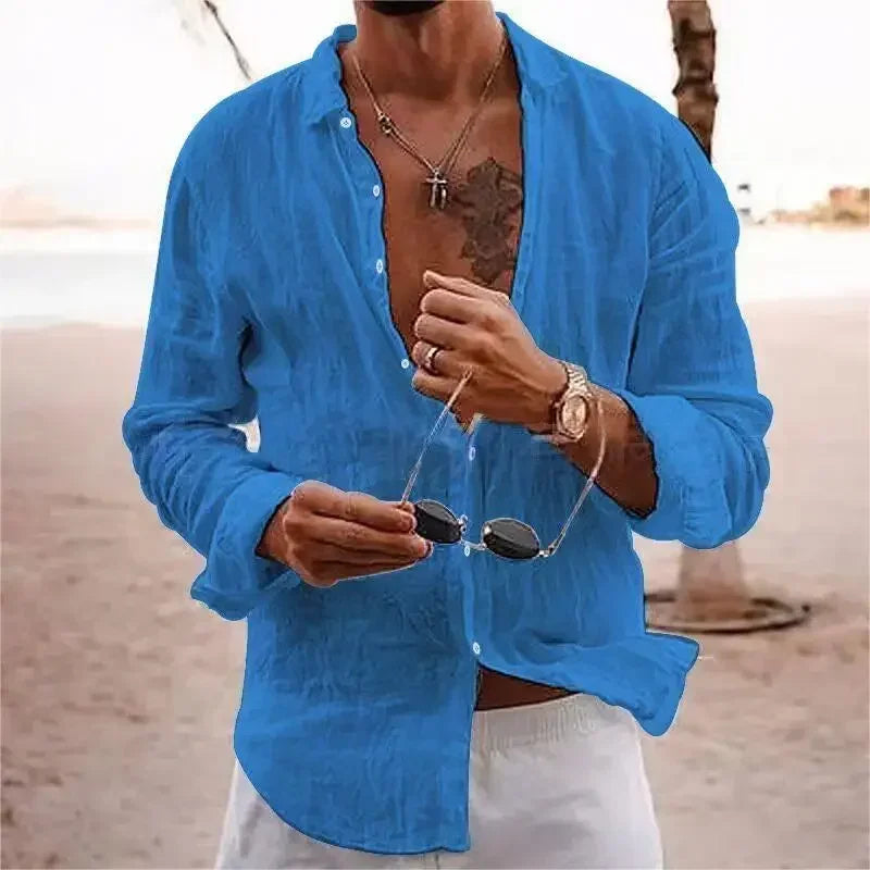 Men's Cotton Linen Shirts Top Simple Laple Solid  Man Shirts Tops Comfortable.