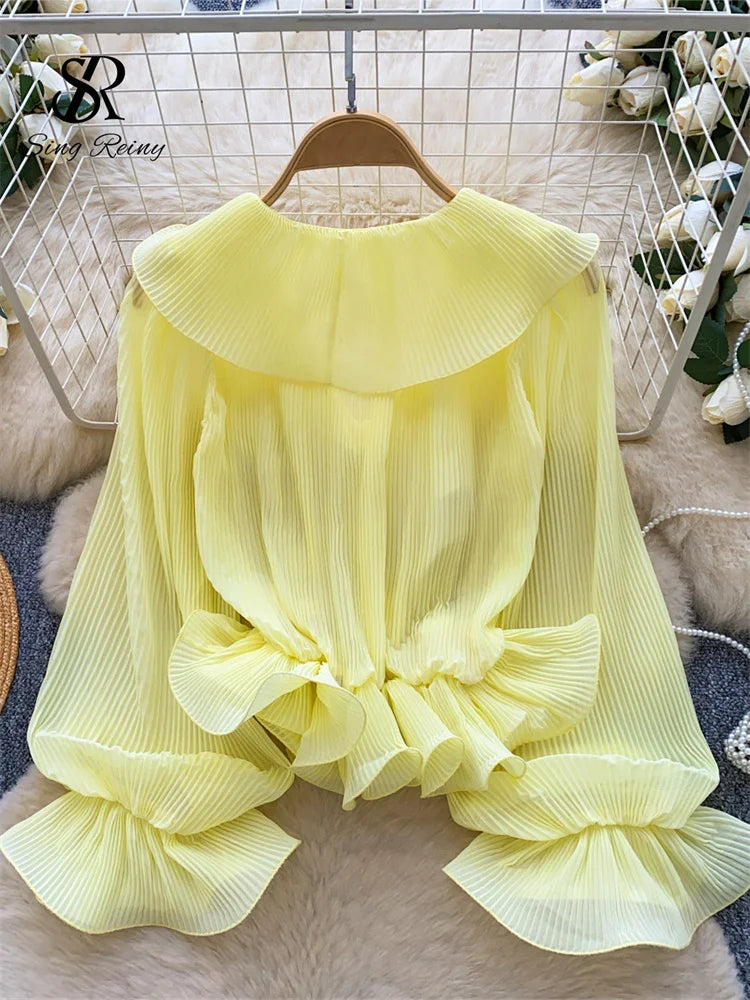 SINGREINY Ruffles Pleated Romantic Tops Thin Spring Summer V Neck.