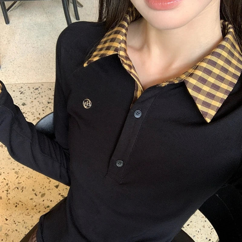 Polo Neck Plaid Patchwork Embroidery T Shirts Spring Autumn Fake Two-piece.