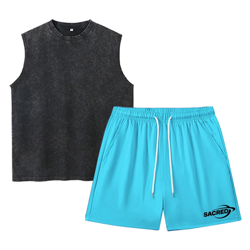 Men's Sportswear Set Washed Vest And Drawstring Shorts Two-Piece.