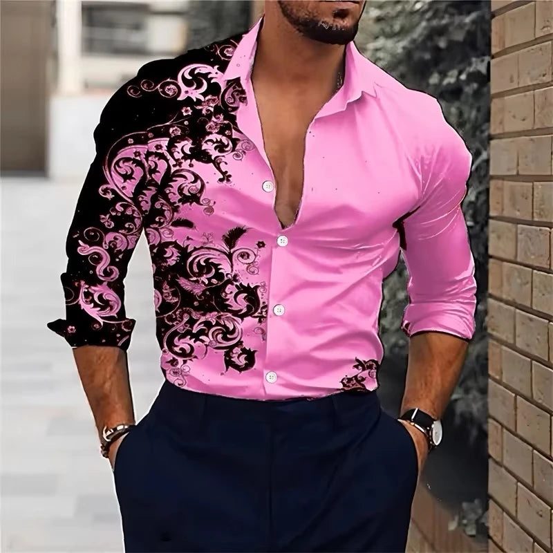 Men's Stylish Red Floral Print Dress Shirt - Casual Long Sleeve Button-Up.