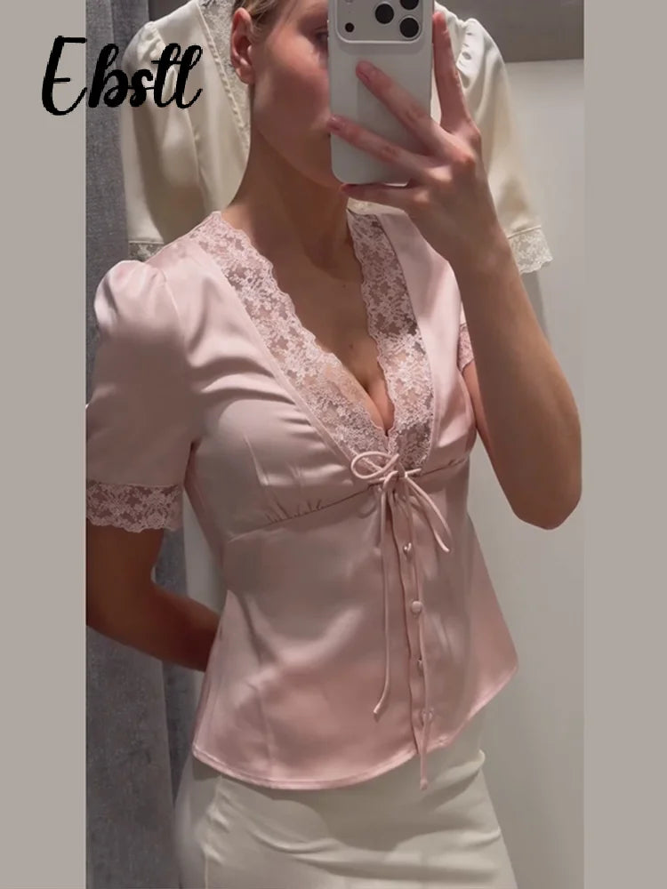 Solid Lace Splicing T-shirt Summer Female Chic Bow Lace-up V Neck.