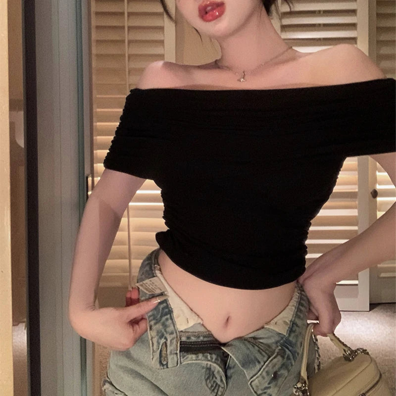 1pcs Girls Off-Shoulder T-shirt Women's Basic Fashion Tee Solid Ladys.
