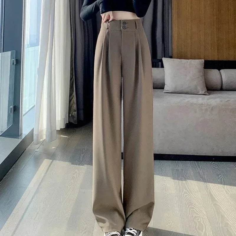 Elegant Wide Leg Pants Women Korean Style High Waist Black Baggy Pants.