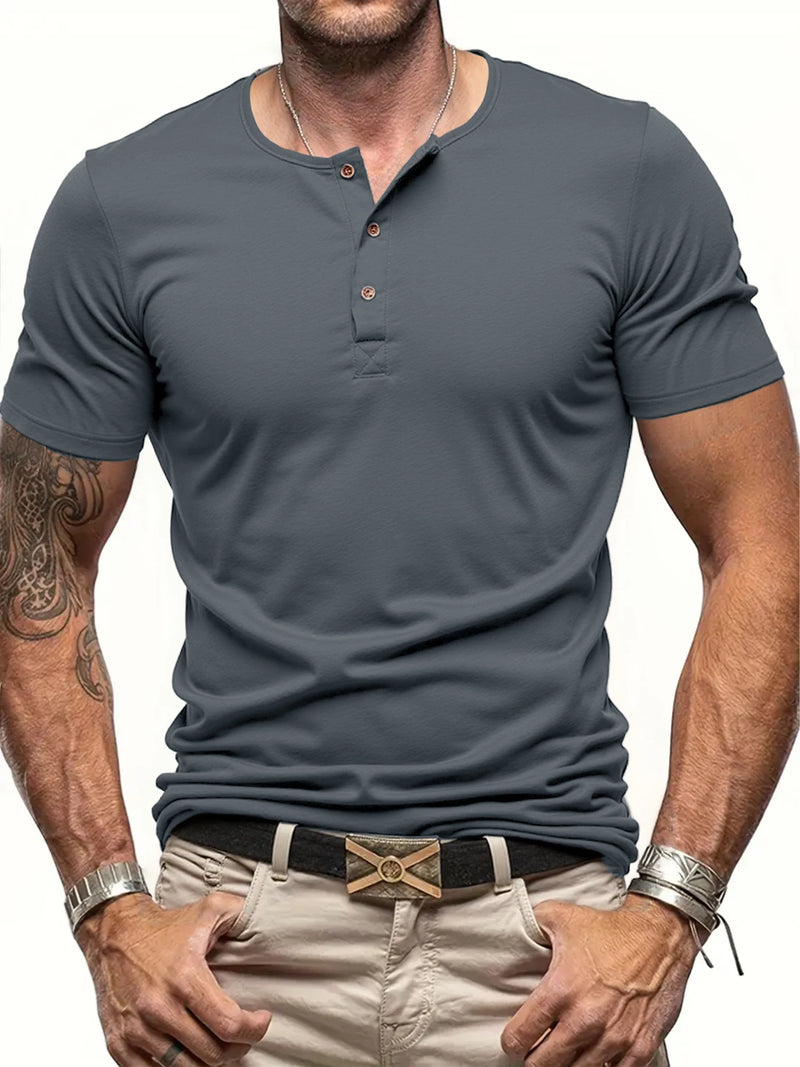 Summer Men's Solid Color Henley Shirt Light Breathable Short Sleeve Pull-on.