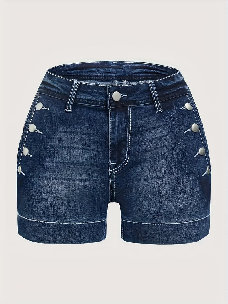 Ladies Mid-Waist Blue Elastic Denim Shorts.