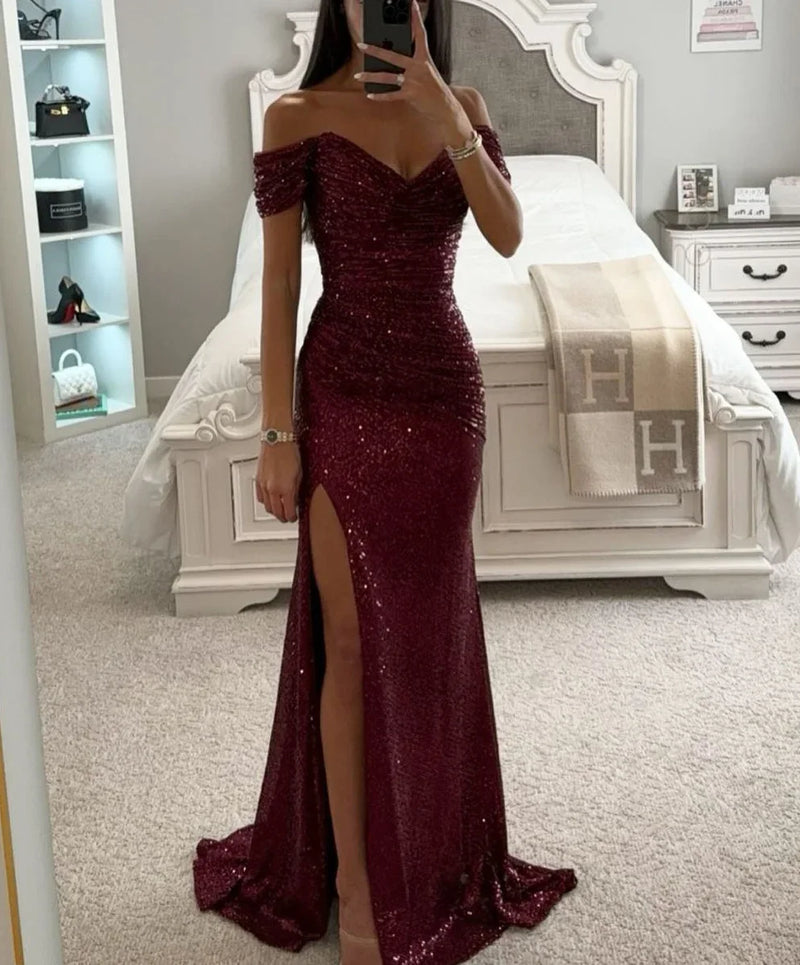 New Party Sequins One line Neck Split Dress INS Casual Versatile Fashionable Charming Slimming Dress.