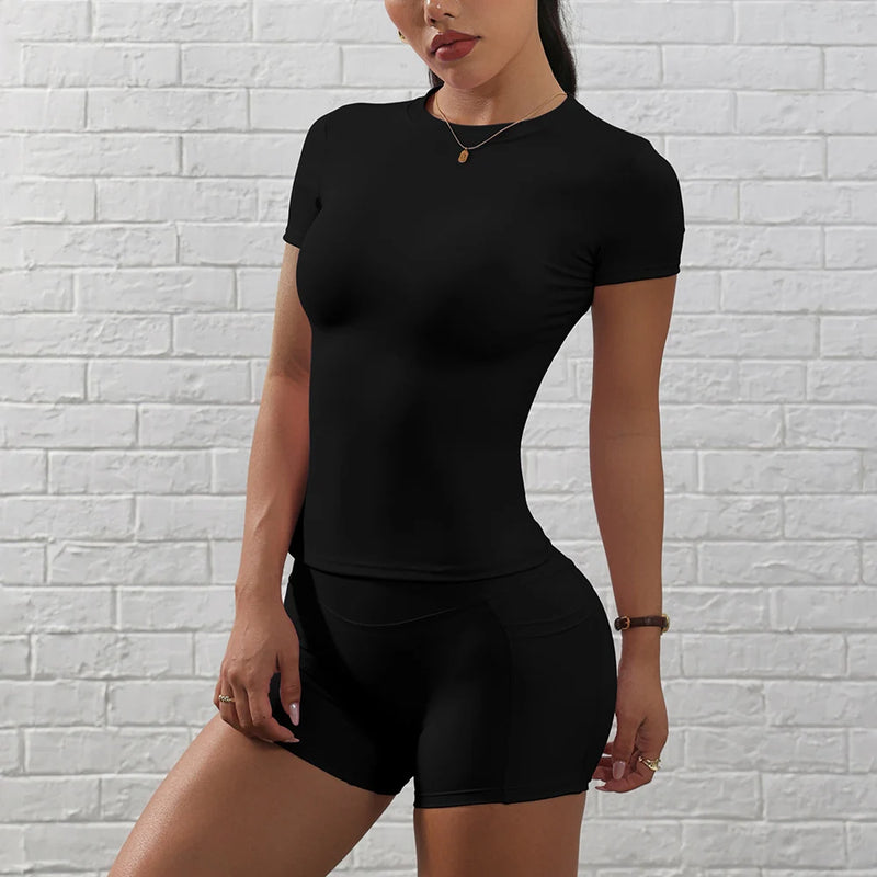 Seamless Yoga Set Women Workout Clothes Short Sleeve Crop Top Pocket.