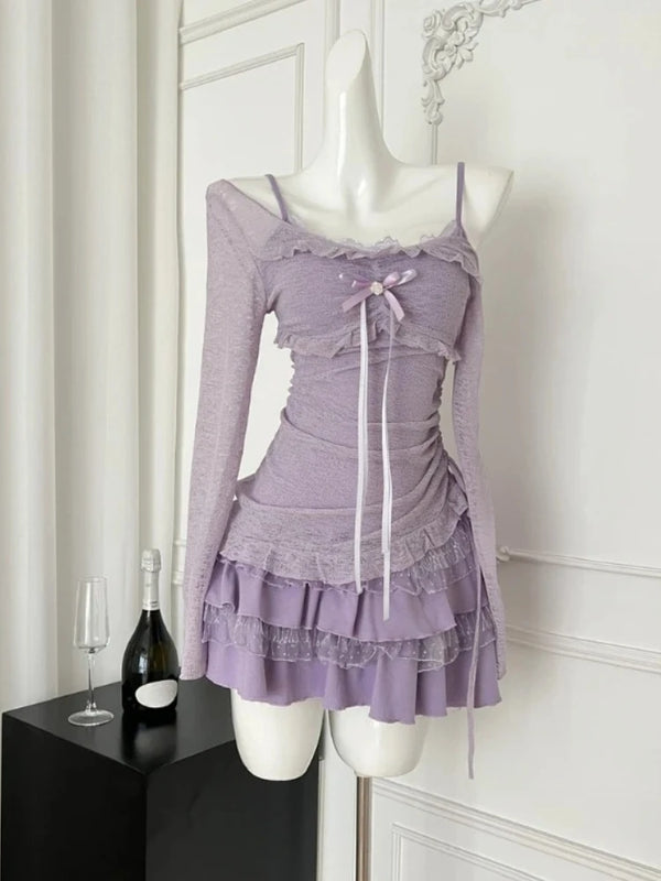 Korean Sexy Fashion Elegant 2 Piece Set Women Bow Lace Tops+Slim Fit Chic Dress.