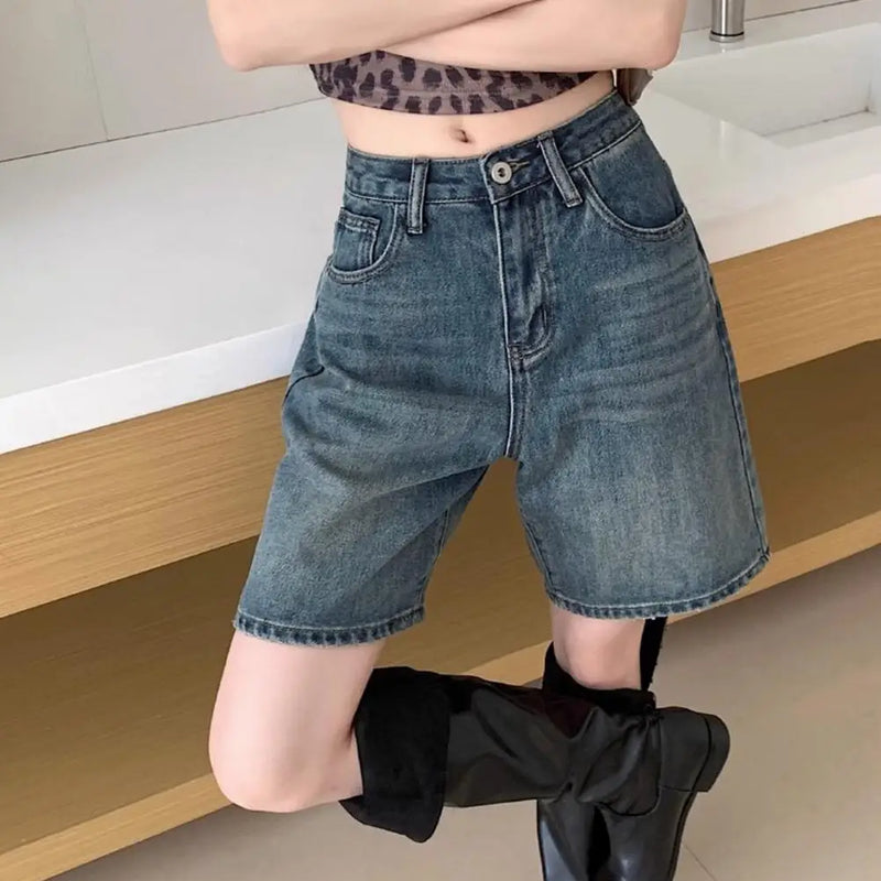 Retro Denim Shorts for Women Summer High Waist Five-point Pants.