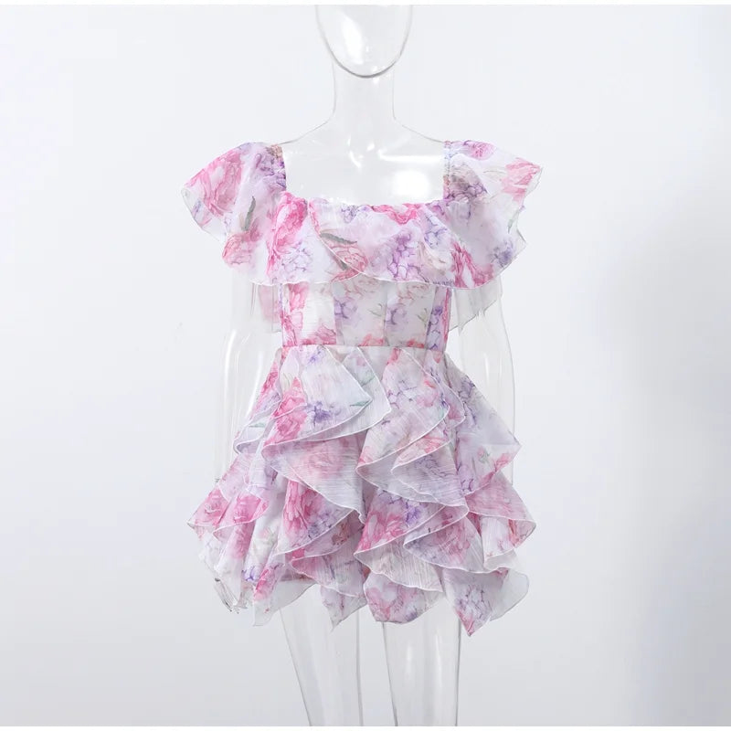 Women’s Chic Floral Printed Mini Dress Backless Sleeveless.