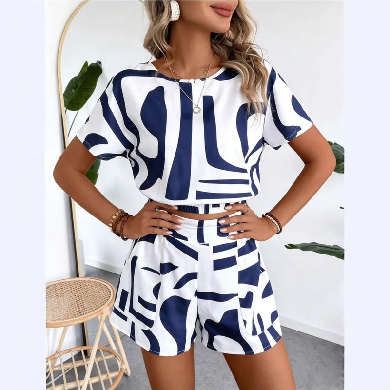 Fashion Blue Printed Super Short Top + Shorts 2-piece Set Summer New Casual.